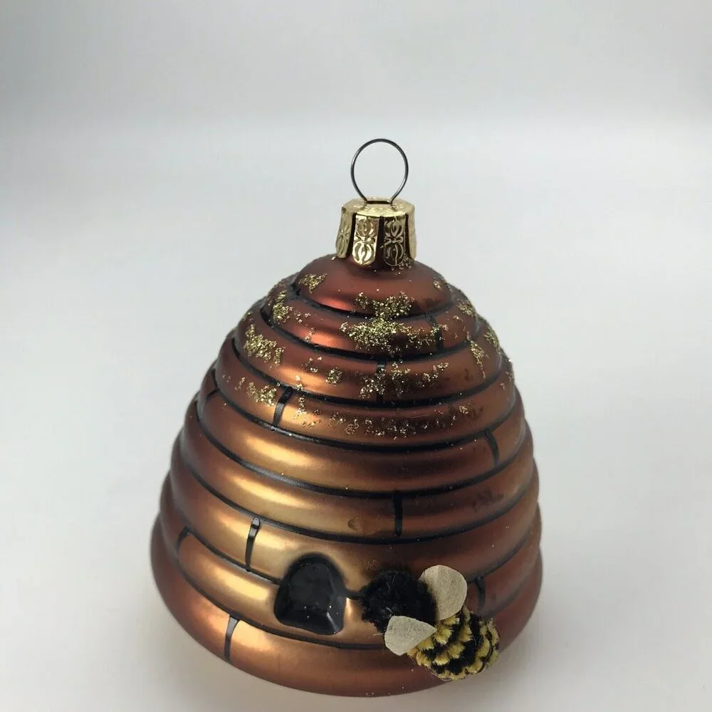 Vintage Czech Republic Art Glass Ornament Fuzzy Bee Honey Comb Bumblebee